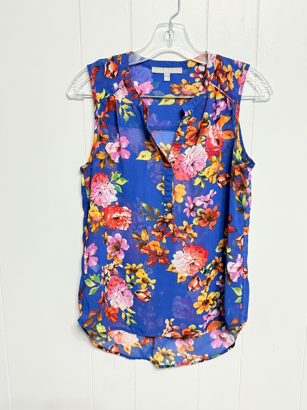 #15) Daniel Rainn Blue Floral Sleeveless V-Neck Sheer Blouse